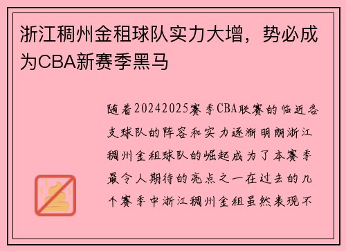 浙江稠州金租球队实力大增，势必成为CBA新赛季黑马