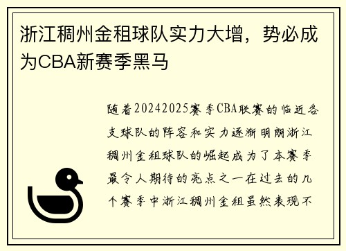 浙江稠州金租球队实力大增，势必成为CBA新赛季黑马