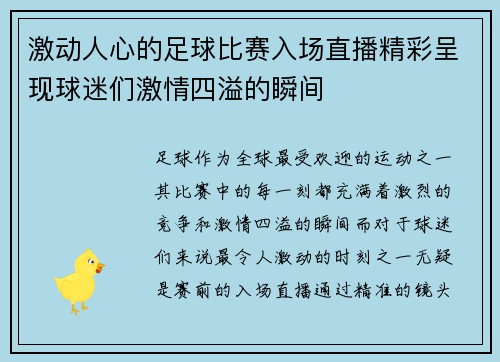 激动人心的足球比赛入场直播精彩呈现球迷们激情四溢的瞬间